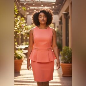 Calvin Klein Peplum Sheath Dress Coral Sleeveless Gold Zip Size 12 NWT